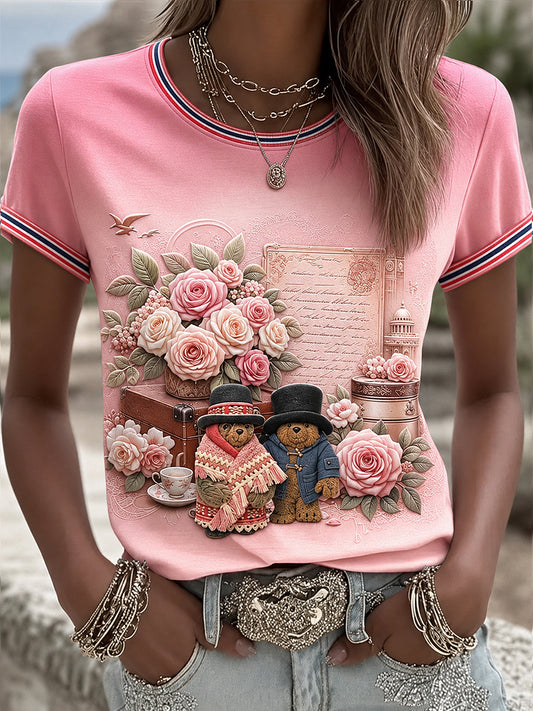 Women's Paddington Bear Printed Vintage Fashion Loose Short Sleeve T-Shirt