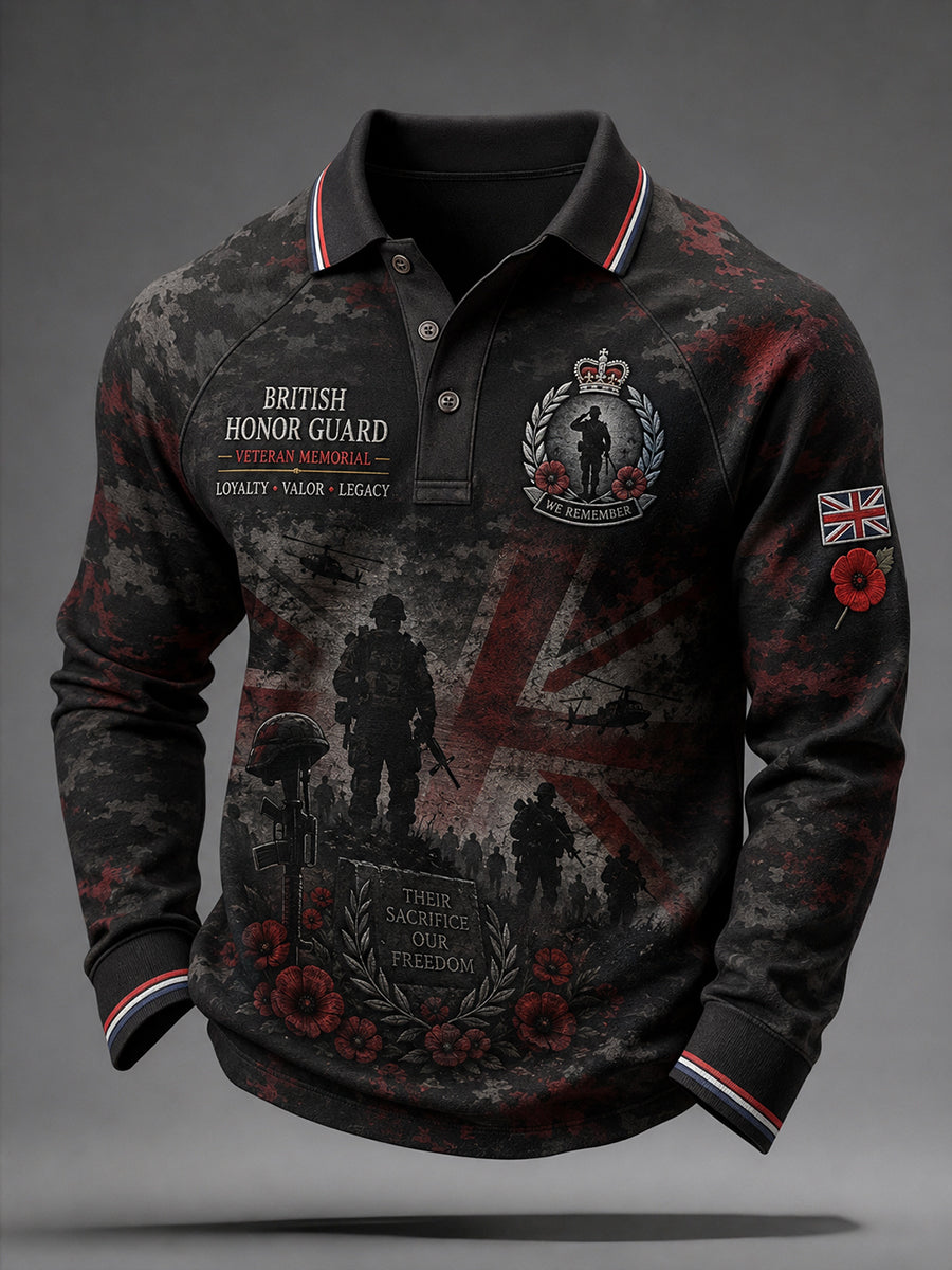 Men's Vintage Veteran-Themed Print Long-Sleeve Raglan Polo Shirt