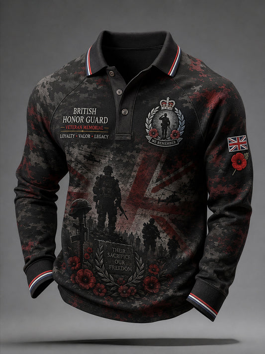 Men's Vintage Veteran-Themed Print Long-Sleeve Raglan Polo Shirt