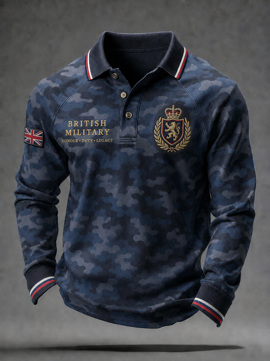 Men's Vintage Veteran-Themed Print Long-Sleeve Raglan Polo Shirt