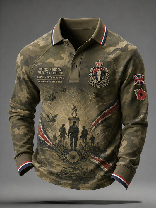 Men's Vintage Veteran-Themed Print Long-Sleeve Raglan Polo Shirt