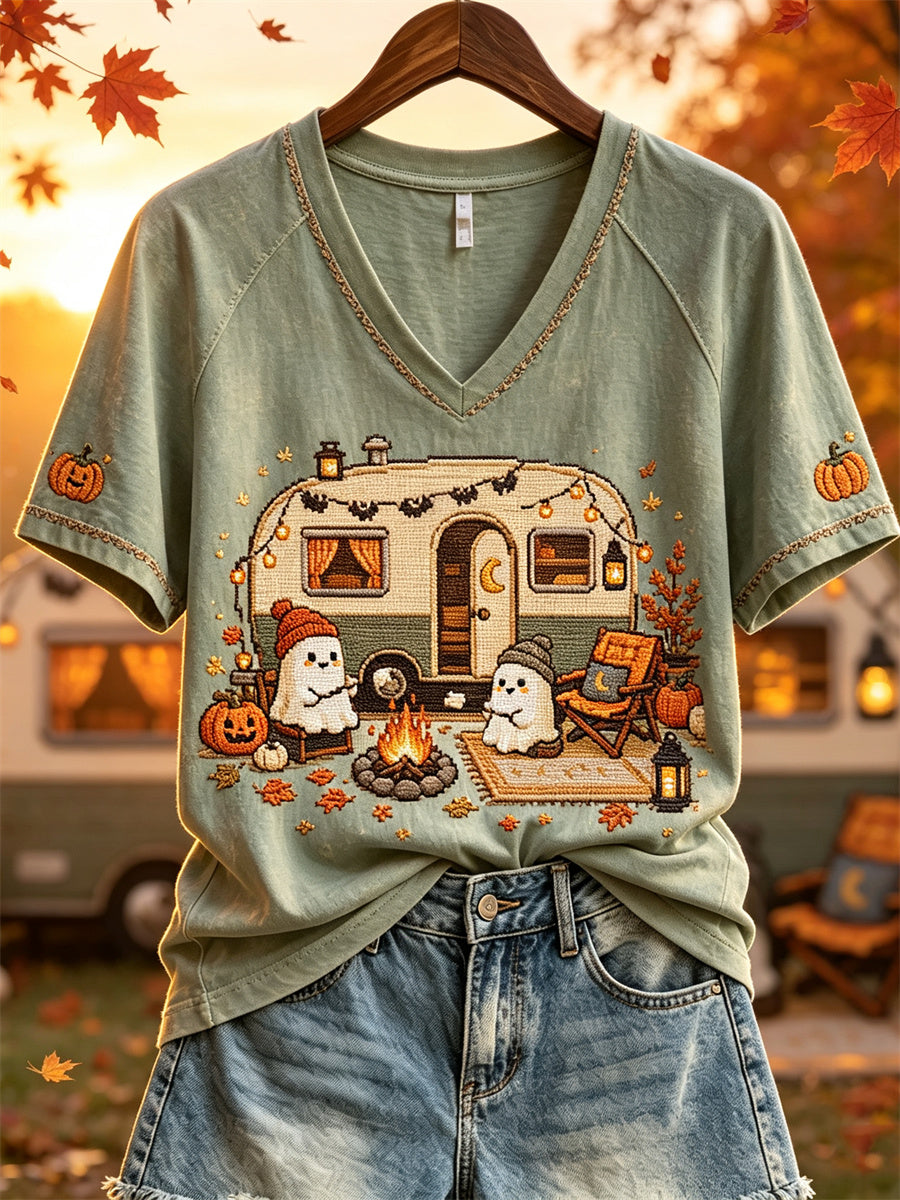 Women's Halloween Ghosts Fall RV Camping Print short-sleeved T-shirt
