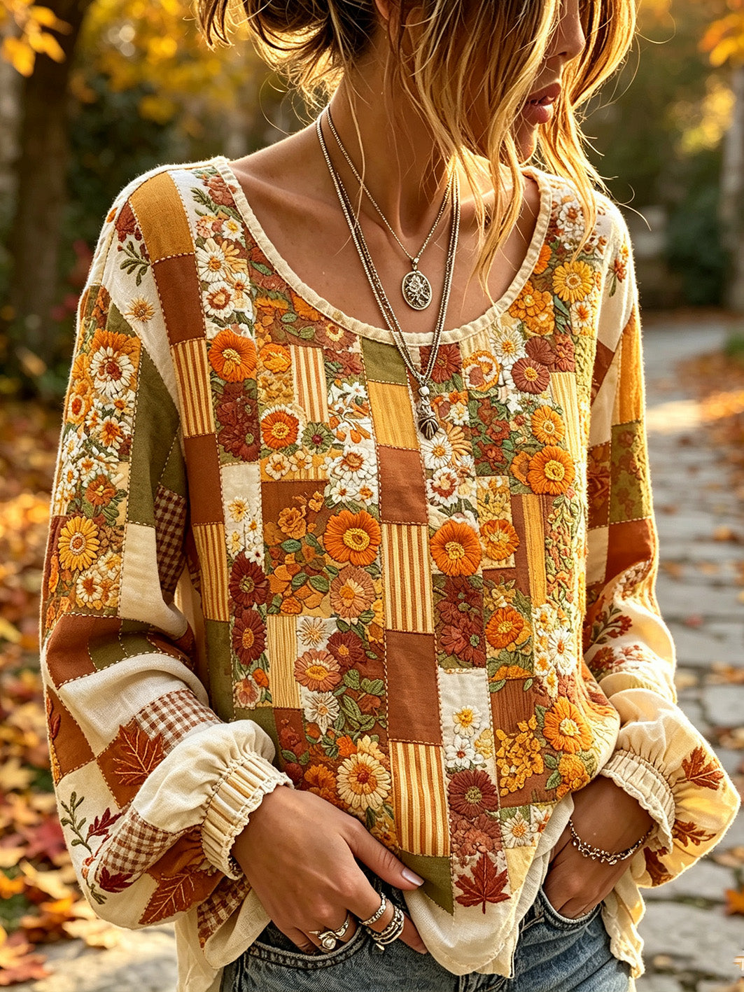 Women's Autumn Plant Flower Pattern Color Block Patchwork Pattern Printed Cotton-Linen Shirt