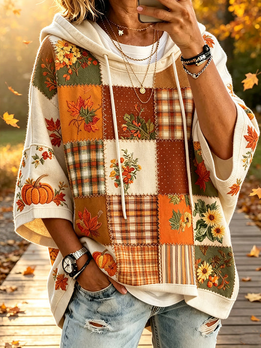Women's Autumn Plant Flower Pattern Color Block Patchwork Pattern Printed Leisure Hoodie
