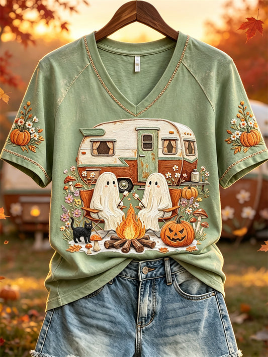 Women's Halloween Ghosts Fall Camping Floral Print short-sleeved T-shirt