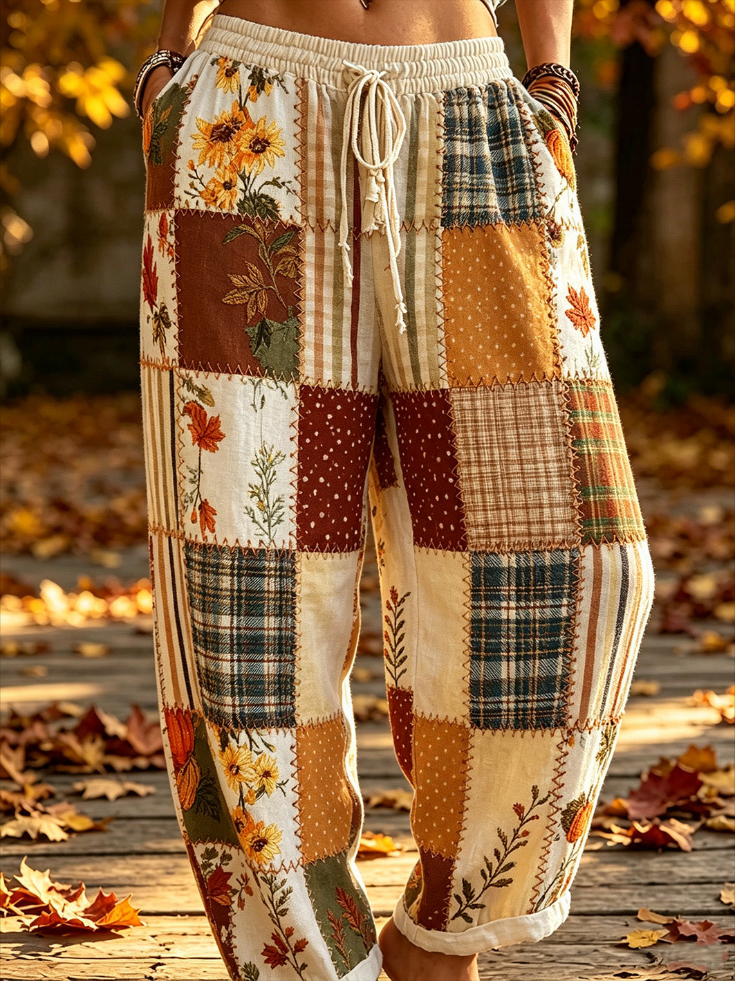 Women's Autumn Plant Flower Pattern Color Block Patchwork Pattern Printed Casual Cotton Linen Long Pants