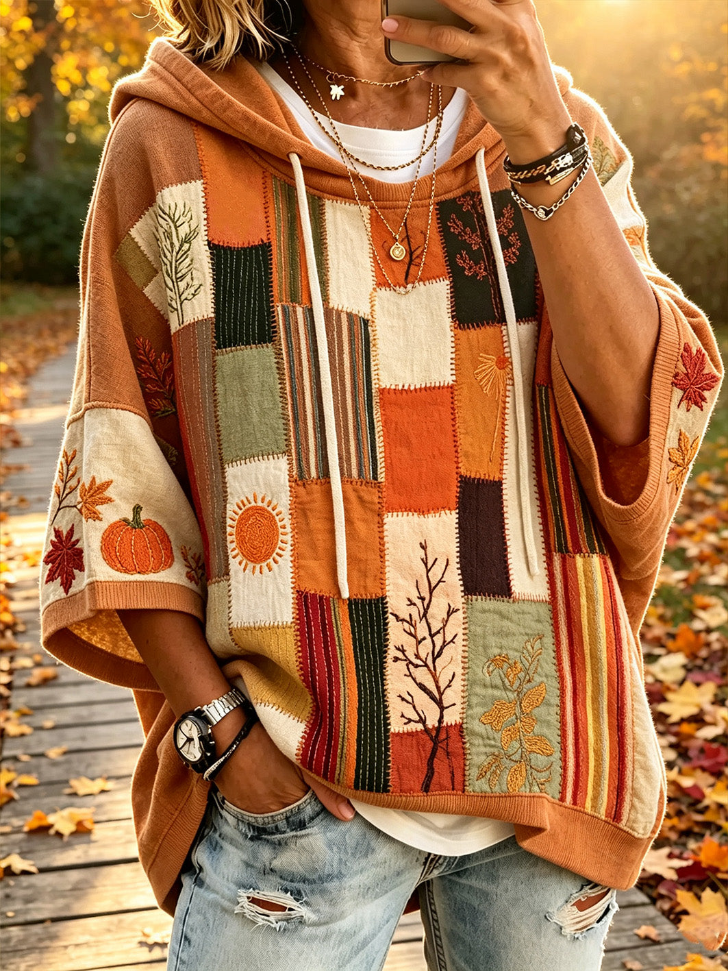 Women's Autumn Plant Flower Pattern Color Block Patchwork Pattern Printed Leisure Hoodie