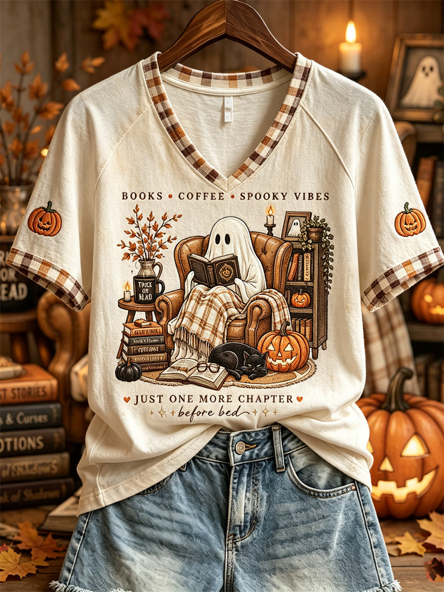 Women's Halloween Ghost Cozy Fall Reading Print short-sleeved T-shirt