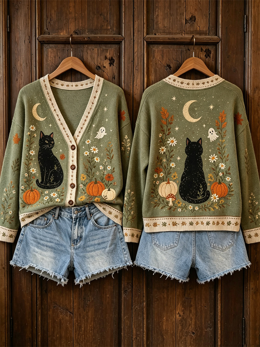 Women's Halloween Black Cat & Ghost Fall Pumpkin Floral Print Cozy Cardigan