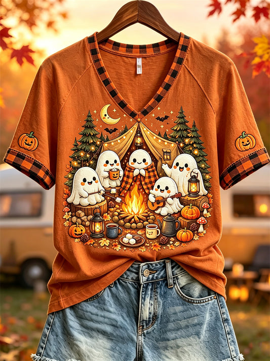 Women's Halloween Ghosts Fall Camping Print short-sleeved T-shirt