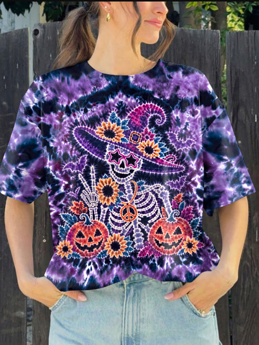 Women's Hippie Witch Skull Halloween T-shirt