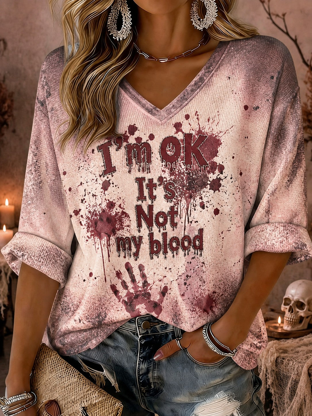 Women's I'm Ok It's Not My Blood Printed Mid-length Sleeves V-neck T-shirt
