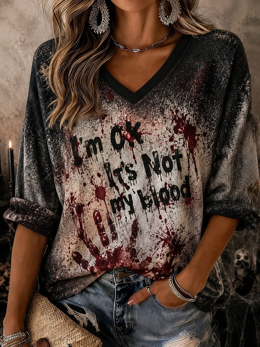 Women's I'm Ok It's Not My Blood Printed Mid-length Sleeves V-neck T-shirt