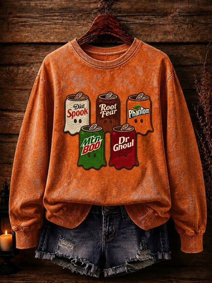 Women's Spooky Soda Can Halloween Ghost Print Sweatshirt