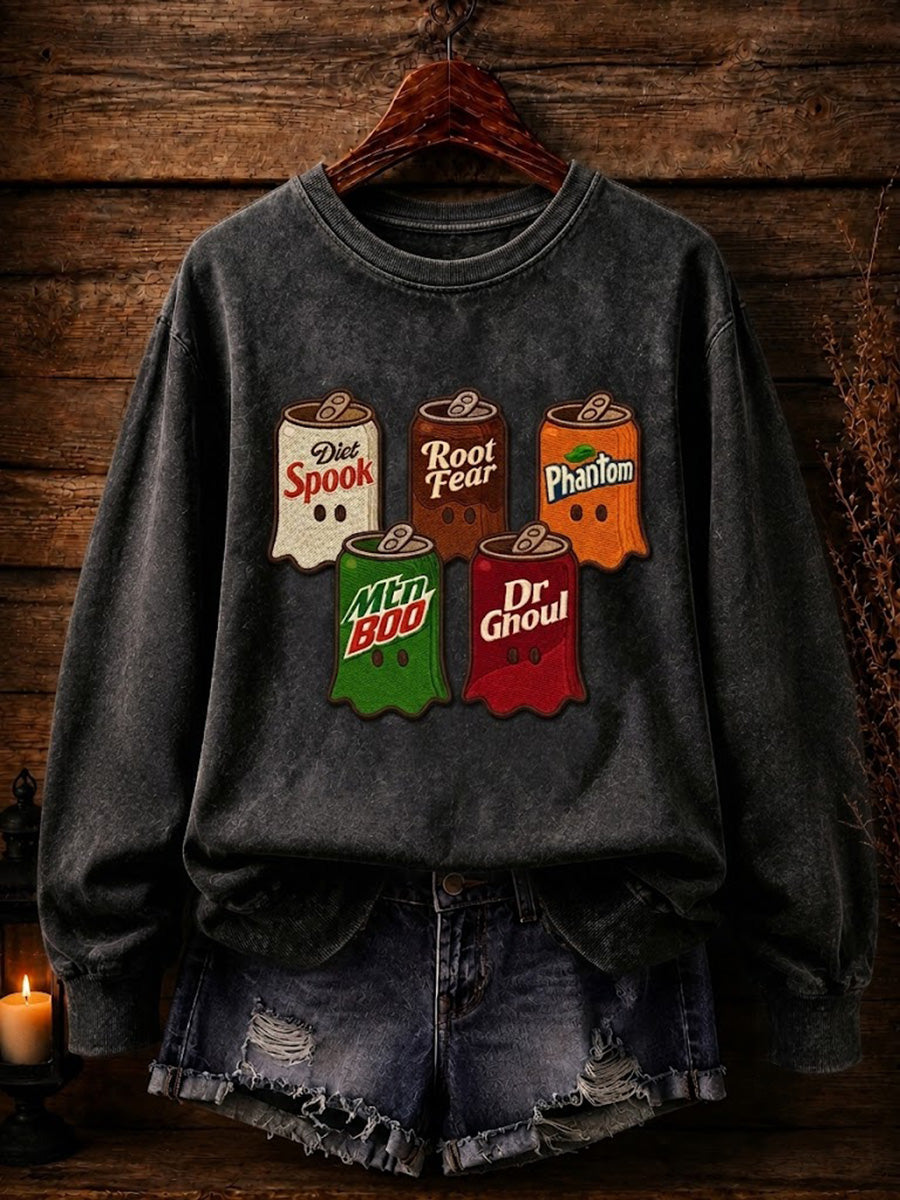 Women's Spooky Soda Can Halloween Ghost Print Sweatshirt