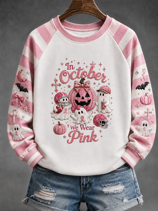 Breast Cancer Awareness Pink Ribbon Ghost Stripe Patchwork Sweatshirt