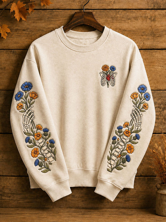 Women's Halloween Gothic Skull and Floral Casual Regular Sweatshirt