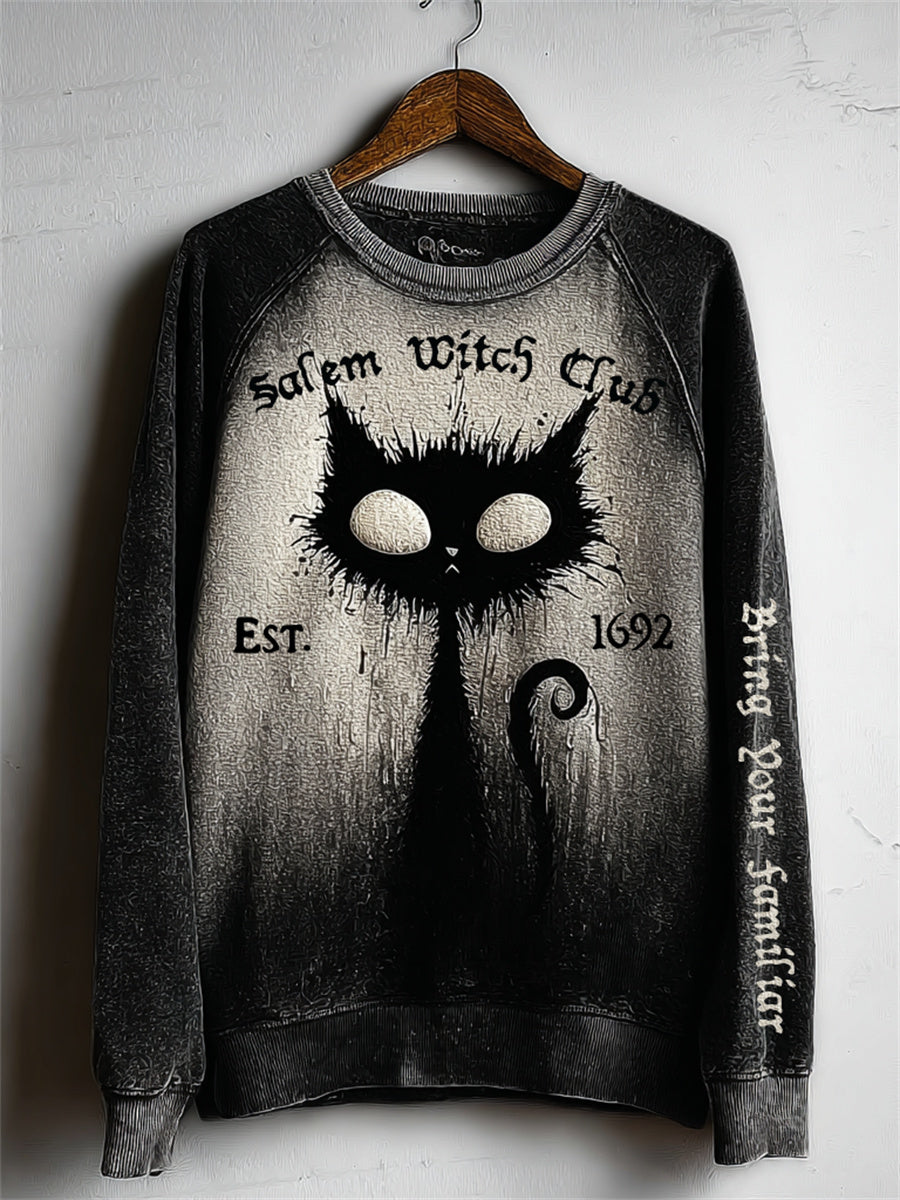 Women's Salem Witch Club Bring Your Familiar Black Cat Print Halloween Raglan Sweatshirt