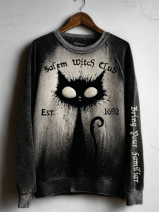 Women's Salem Witch Club Bring Your Familiar Black Cat Print Halloween Raglan Sweatshirt