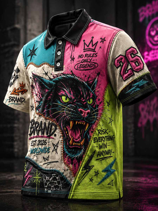 Men's Street Graffiti Leopard Art Pattern Printed Polo Shirt