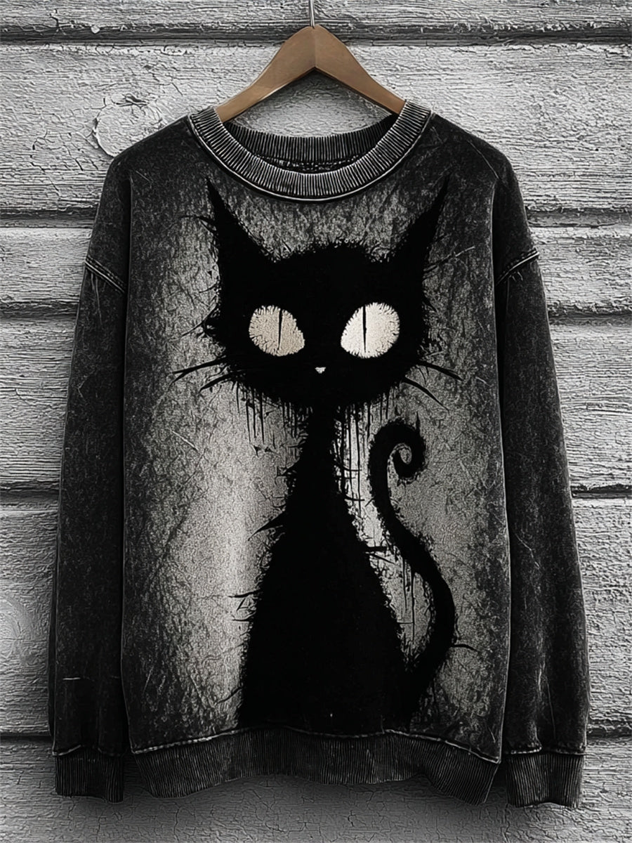 Women's Halloween Witch's Familiar Black Cat Print Sweatshirt