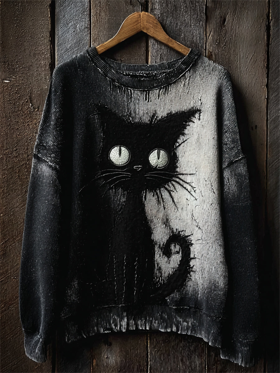 Women's Halloween Witch's Familiar Black Cat Contrast Print Sweatshirt