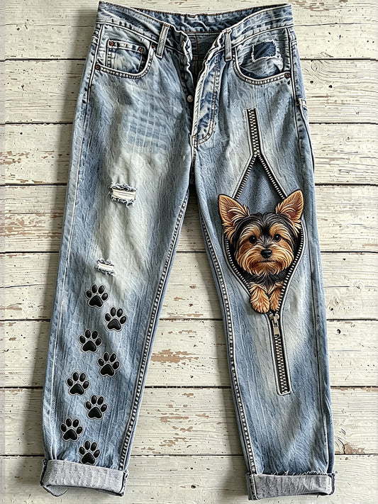Women's Animal Dog Zipper Art Print Jeans
