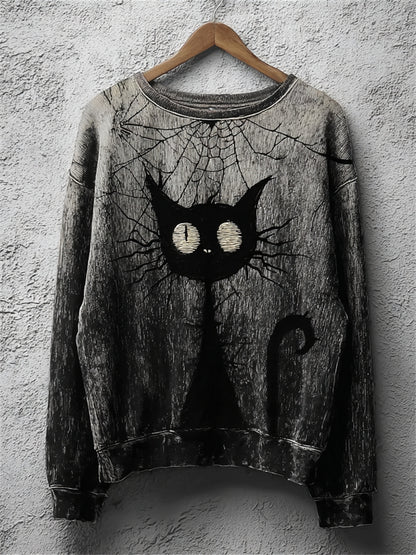 Women's Spooky Witch's Familiar Black Cat Print Halloween Sweatshirt