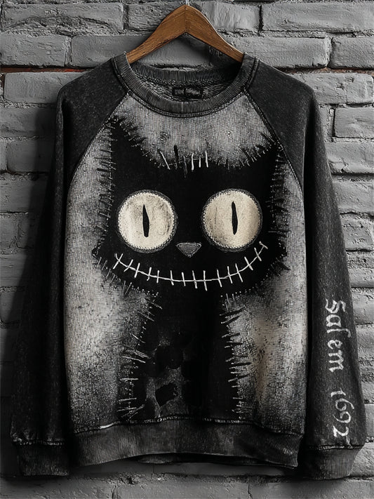 Women's Salem 1692 Familiar Black Cat Print Halloween Raglan Sweatshirt