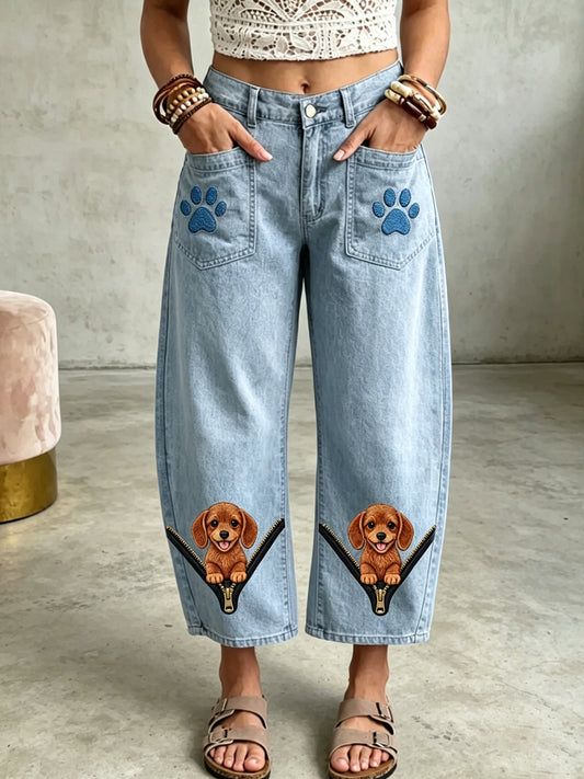 Women's Animal Dog Zipper Art Print Pant