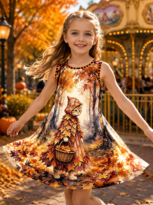 Girls' Creative Cat-Print Fall Casual Dress