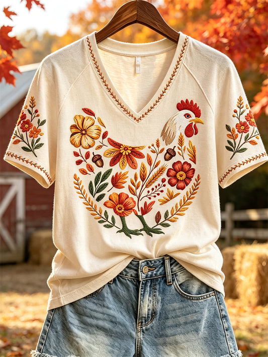 Women's Fall Farm Chicken Fall Plants Floral Print short-sleeved T-shirt