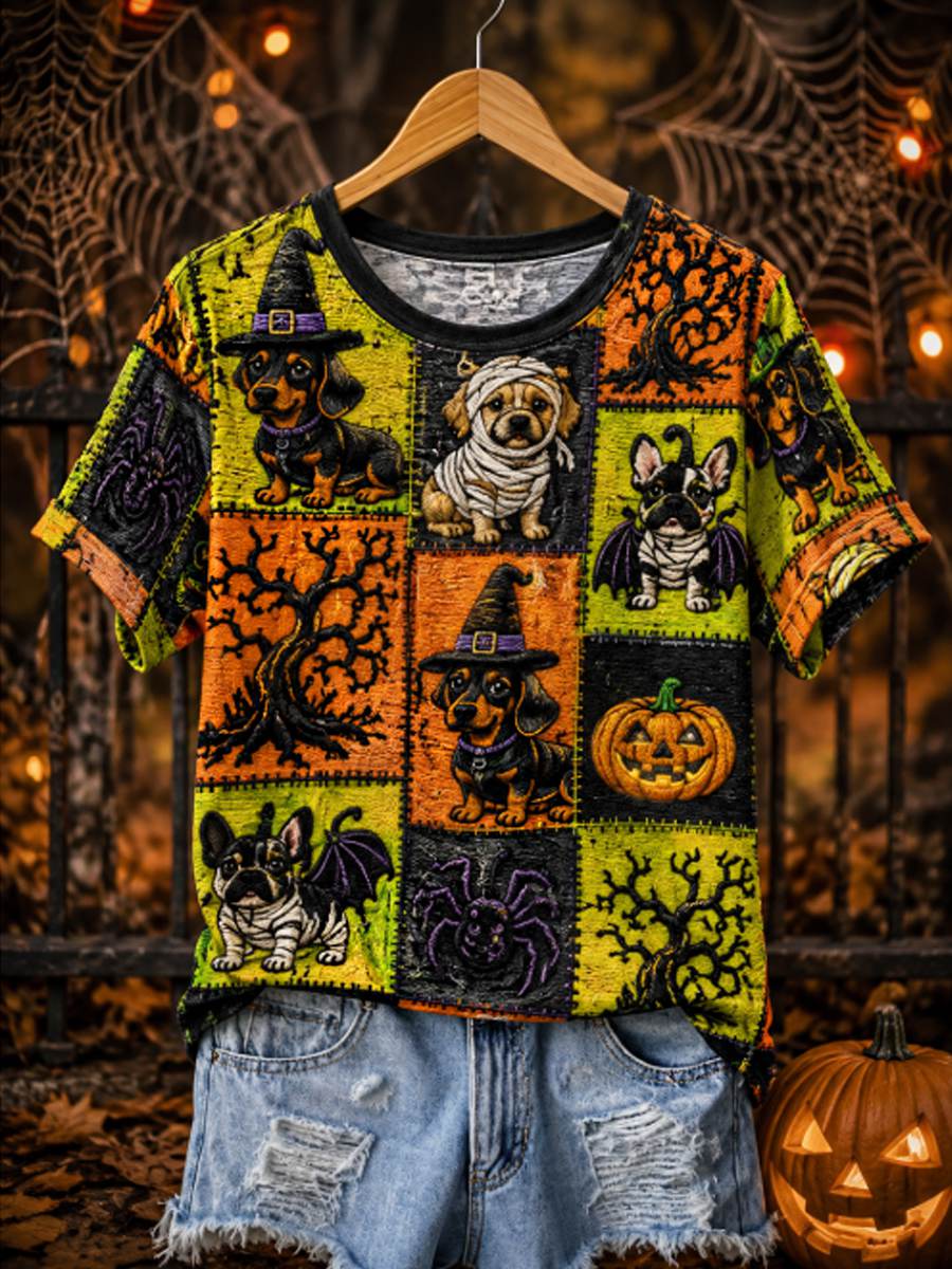 Women's Halloween witch dog short-sleeved T-shirt