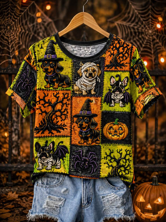 Women's Halloween witch dog short-sleeved T-shirt