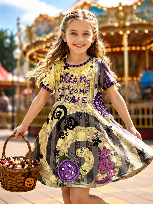Girls' Halloween-Printed Casual Fall Short-Sleeve Dress