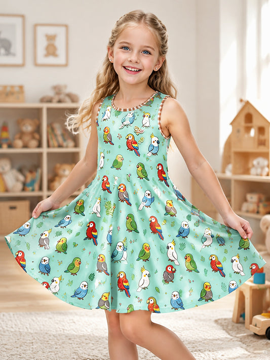 Girl's Cute Bird-Print Casual Dress