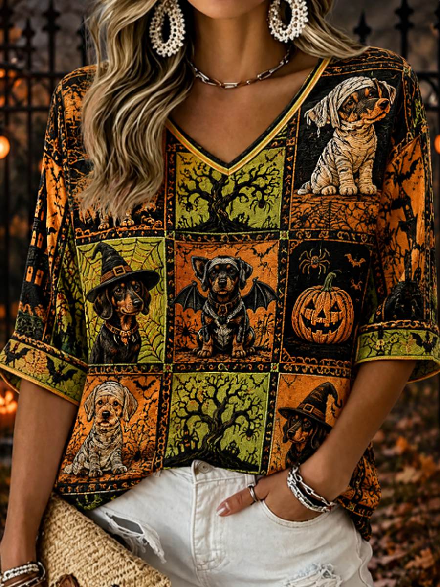 Women's Halloween witch dog Mid-length Sleeves V-Neck T-Shirt
