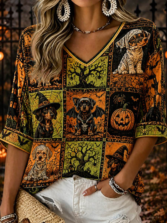 Women's Halloween witch dog Mid-length Sleeves V-Neck T-Shirt