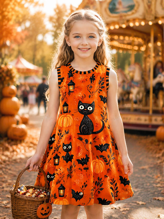 Girls' Orange Halloween Cat-Print Casual Dress