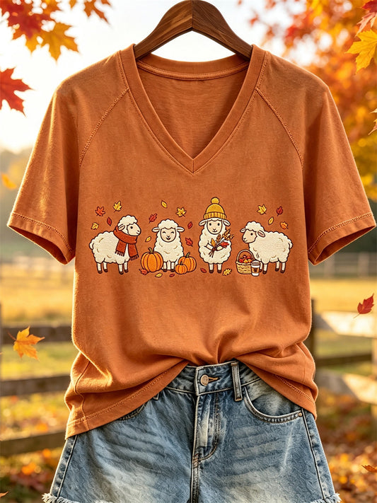 Women's Fall Farm Sheep Pumpkins & Leaves Print short-sleeved T-shirt