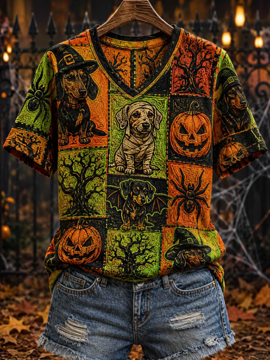 Women's Halloween witch dog short-sleeved T-shirt