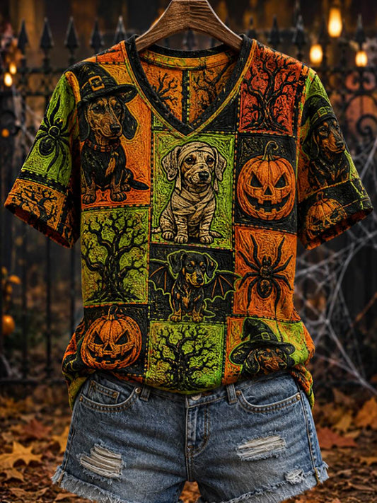 Women's Halloween witch dog short-sleeved T-shirt