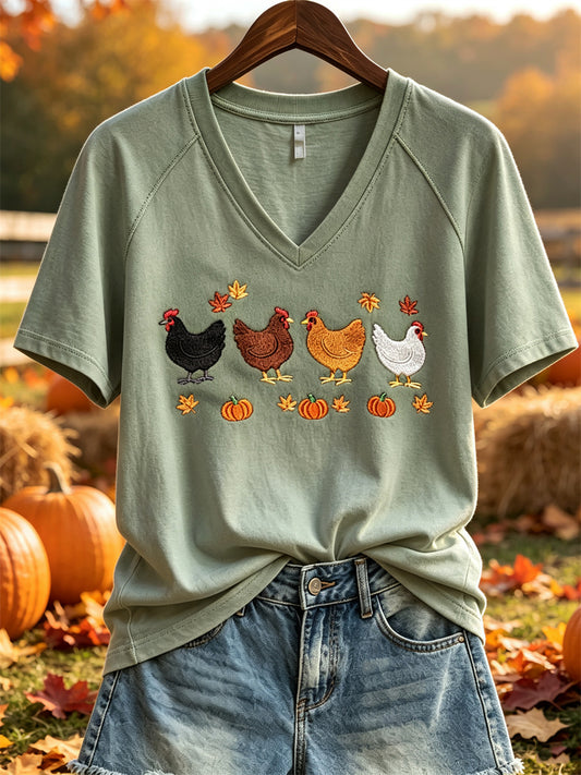 Women's Fall Farm Chicken Pumpkins & Leaves Print short-sleeved T-shirt