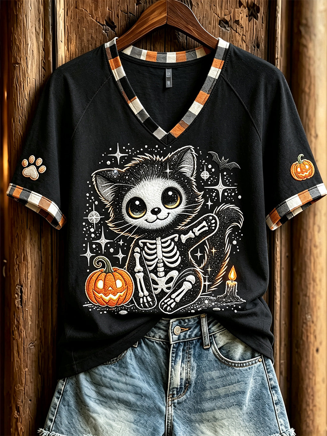 Women's Halloween cat print casual short-sleeved V-neck T-shirt