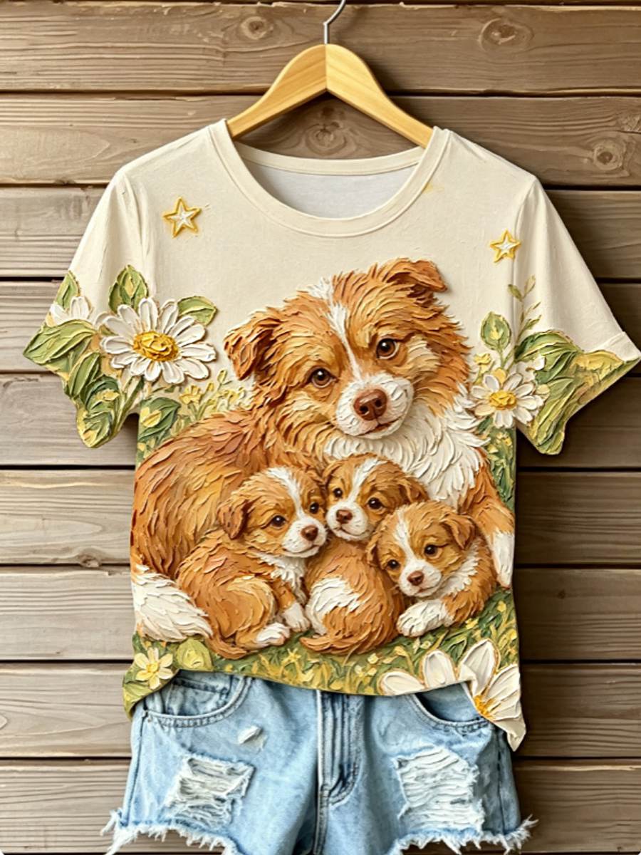 Women's STOP ANIMAL ABUSE Wangwang V-neck off-shoulder short-sleeved T-shirt