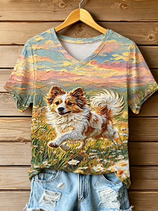 Women's STOP ANIMAL ABUSE Wangwang V-neck off-shoulder short-sleeved T-shirt