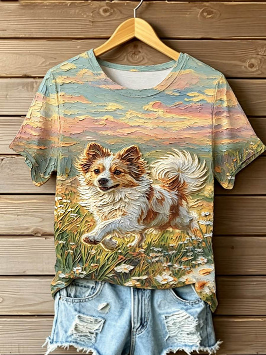 Women's STOP ANIMAL ABUSE Wangwang V-neck off-shoulder short-sleeved T-shirt