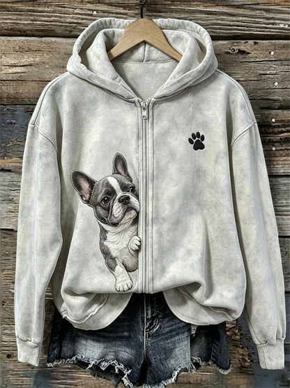 Women's Peeking French Bulldog & Paw Print Full Zip Hoodie
