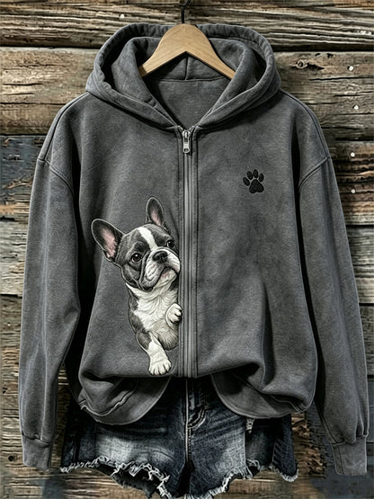 Women's Peeking French Bulldog & Paw Print Full Zip Hoodie