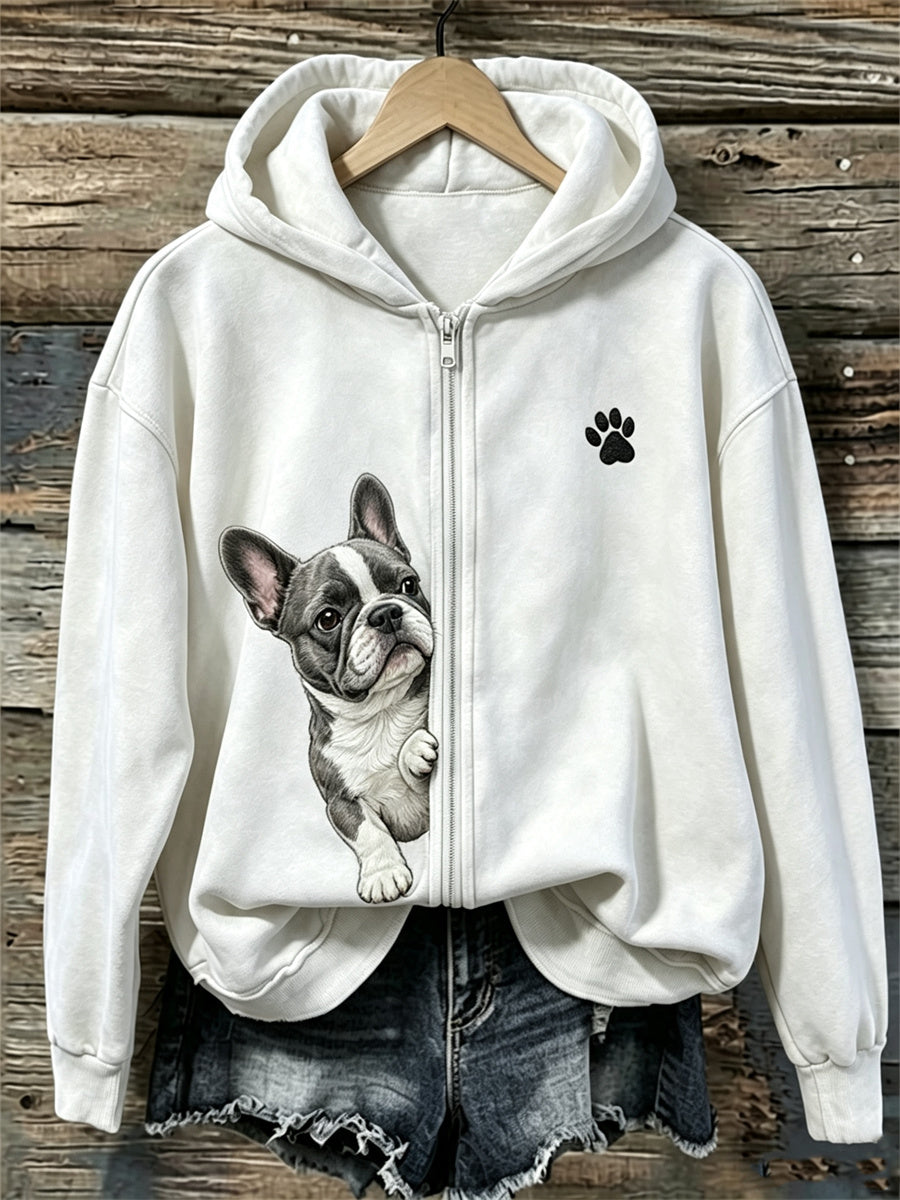 Women's Peeking French Bulldog & Paw Print Full Zip Hoodie